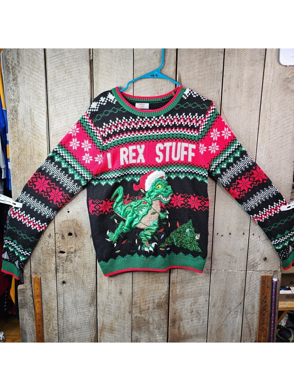Holiday Time Ugly Christmas Sweater S 34-36 I REX STUFF Dinosaur Santa Hat
